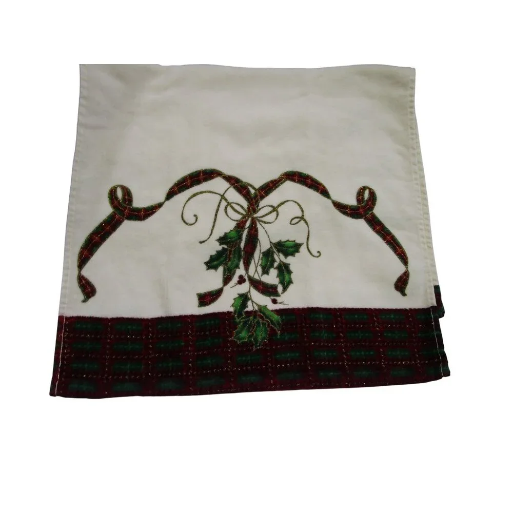Lenox Holiday Christmas Towel Set Embroidered Holly Tartan Trim EUC